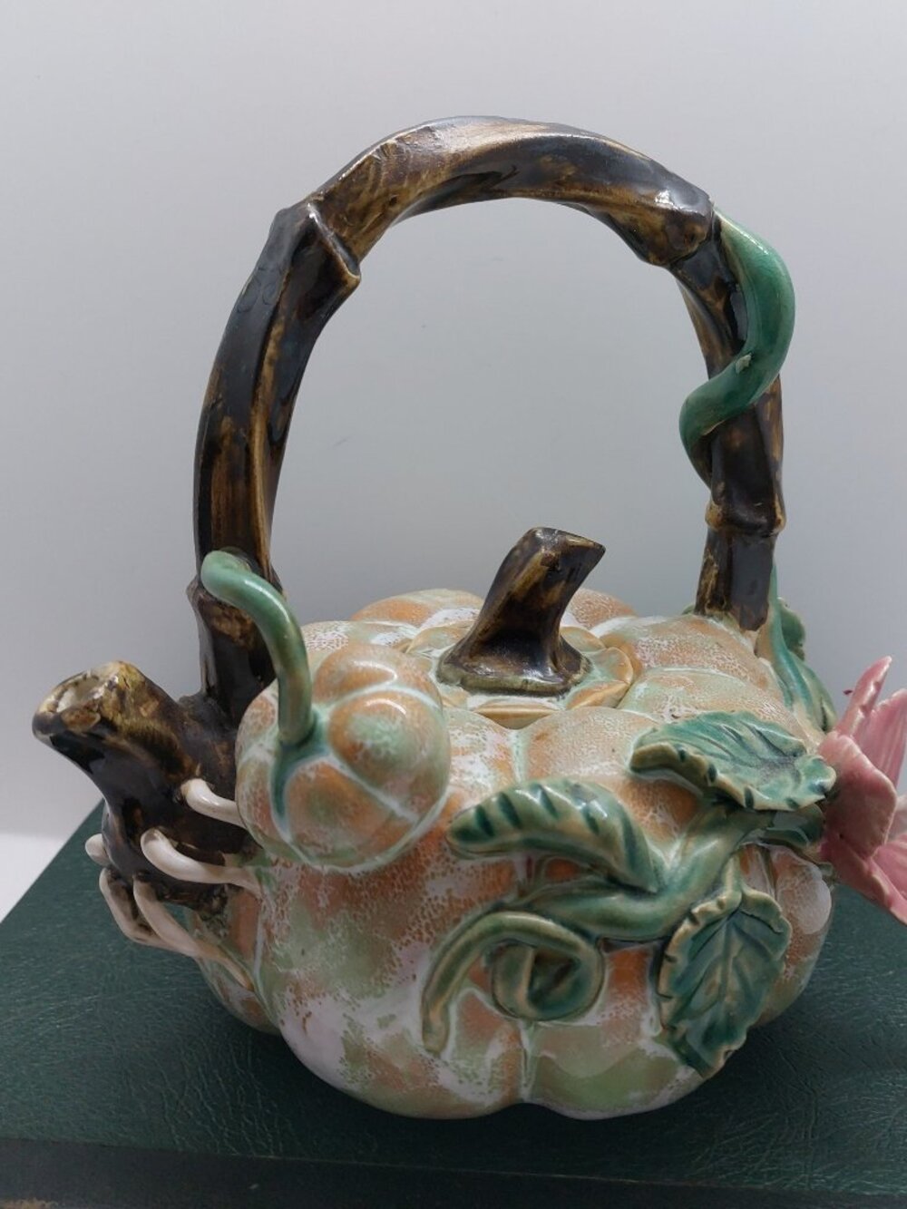 Vintage Whimsical Pumpkin Teapot Grapevine Flower